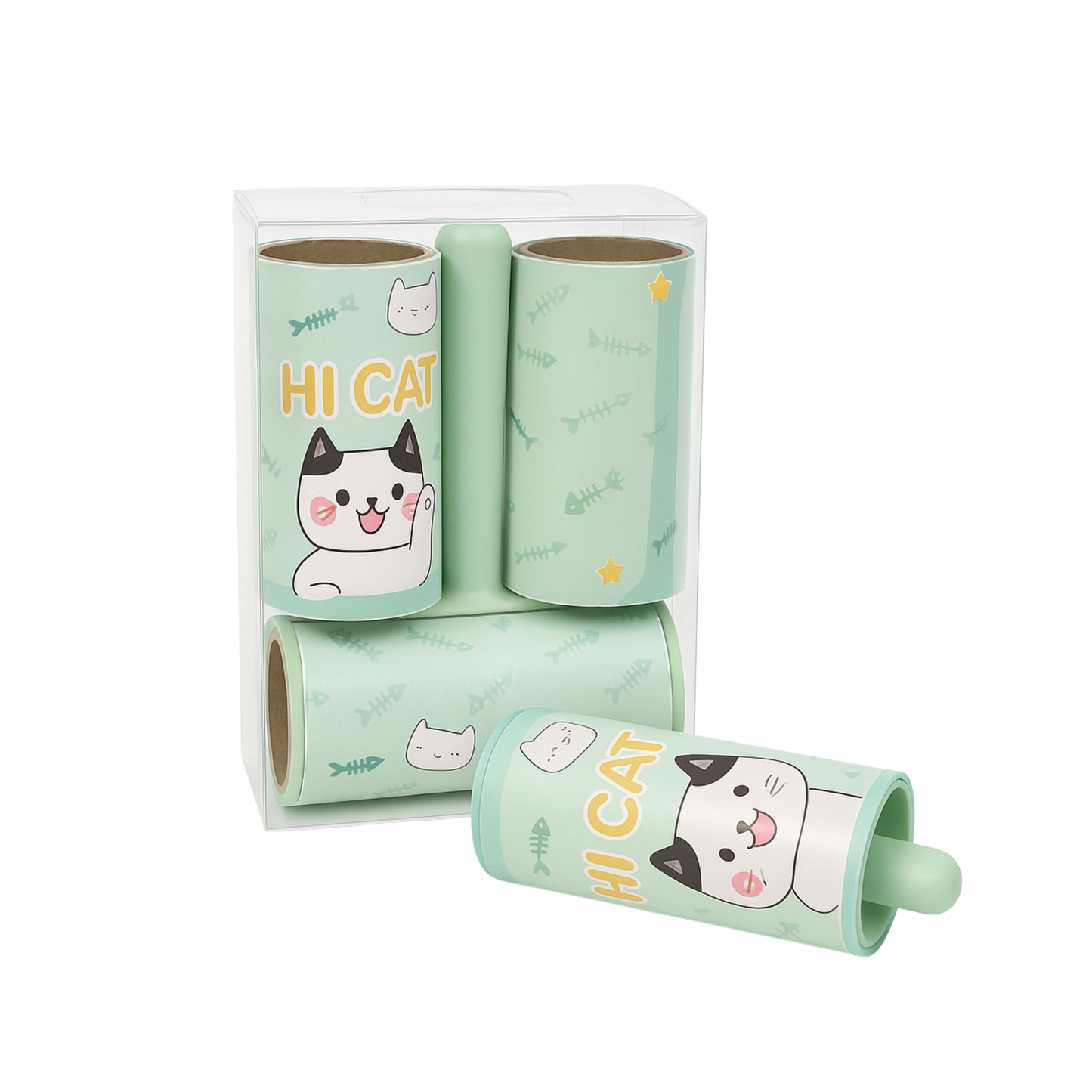 Rodillo adhesivo quitapelusas con diseño de gato verde – Set de recambio 3 piezas
