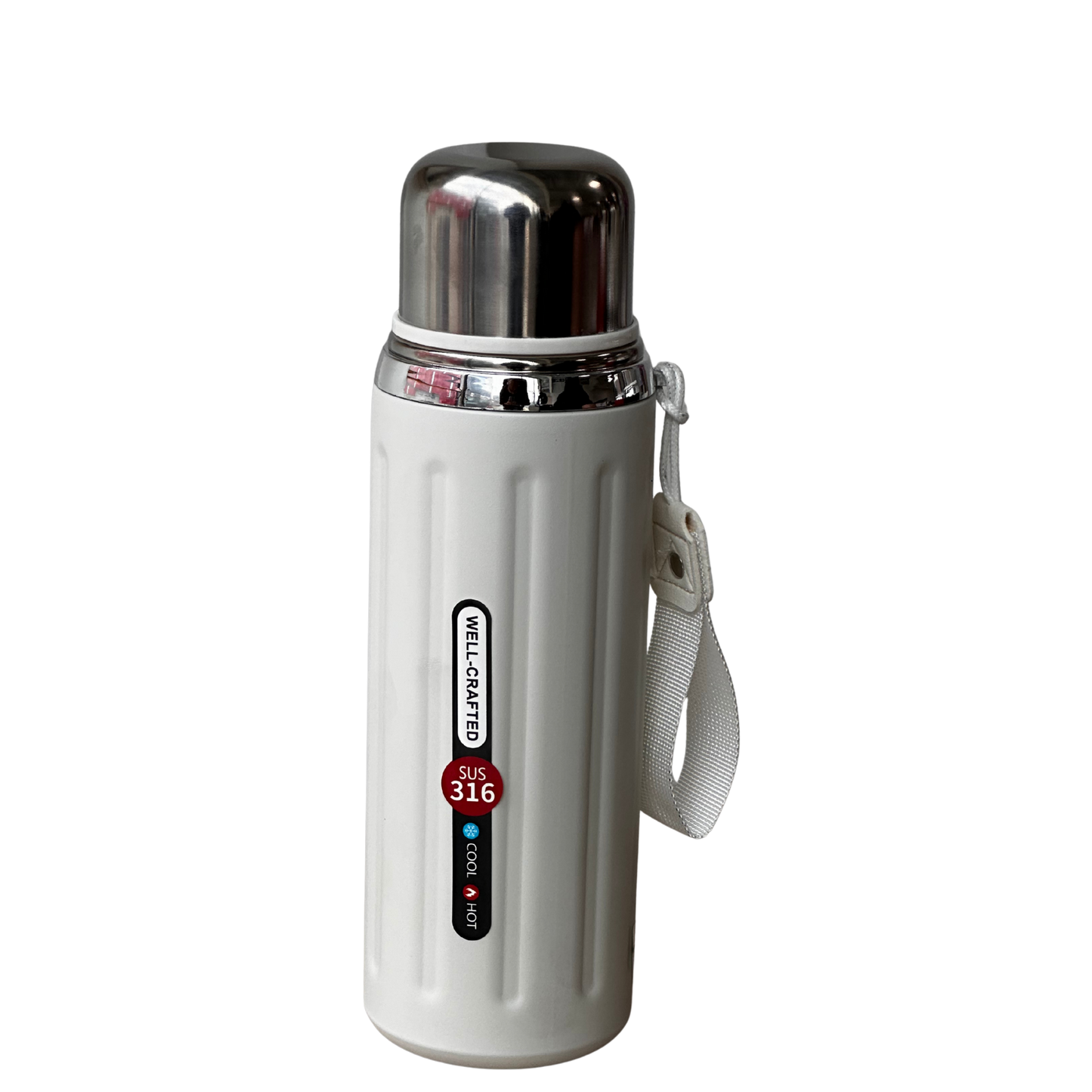 Termo blanco de acero inoxidable SUS 316 con tapa hermética y correa portátil