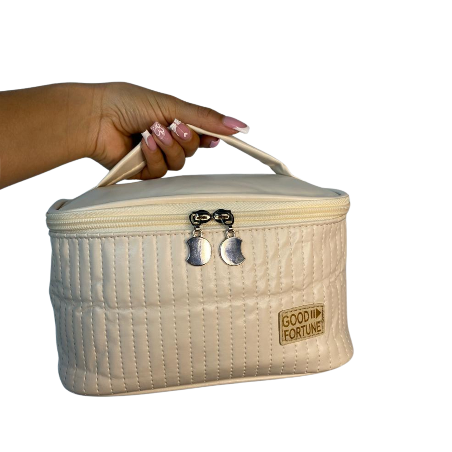 Cosmetiquera rígida acolchada color beige con asa superior – Good Fortune