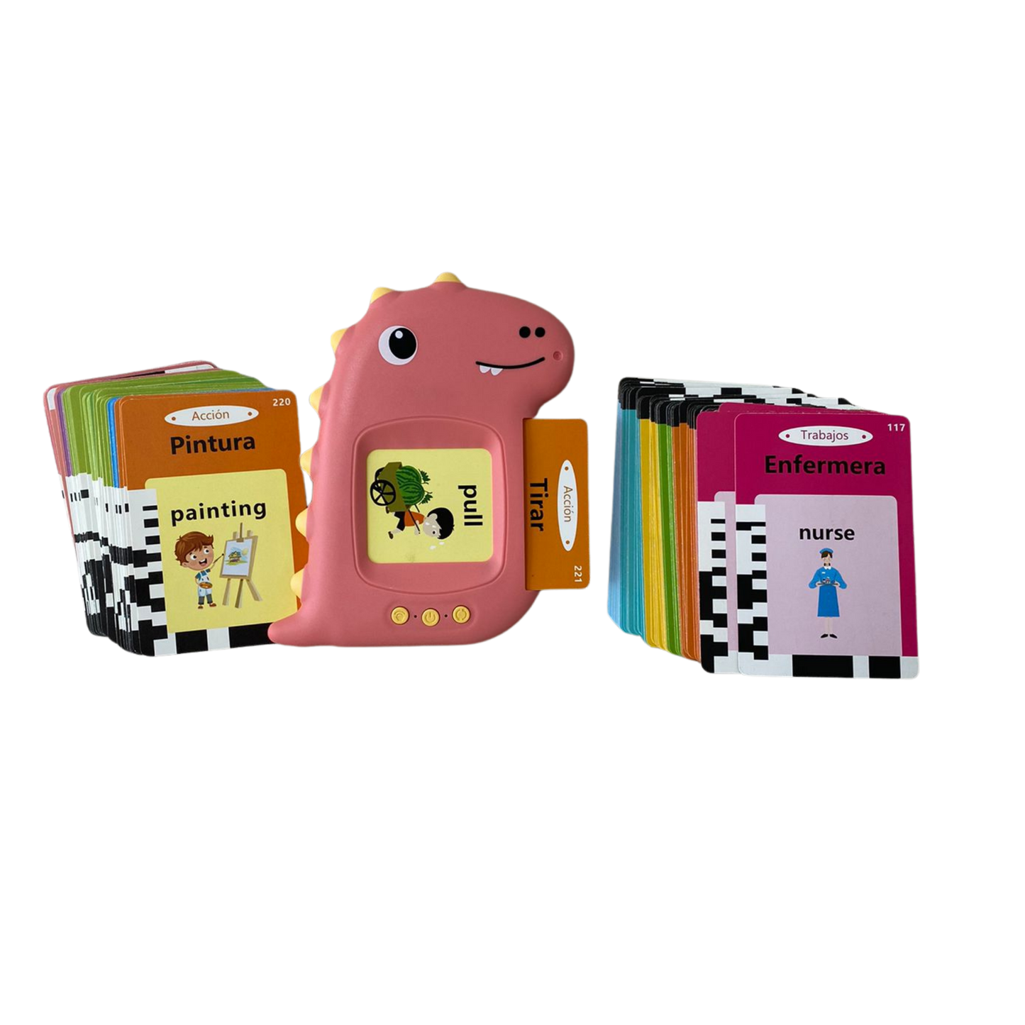 Juguete educativo lector rosado de tarjetas en forma de dinosaurio con voces en inglés y español
