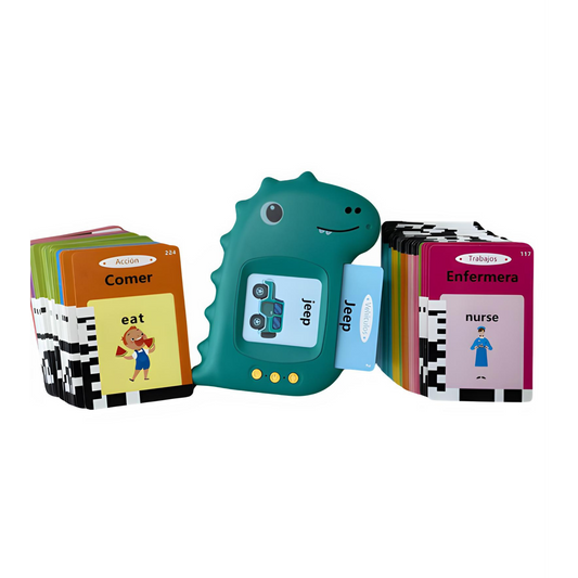 Juguete educativo lector verde de tarjetas en forma de dinosaurio con voces en inglés y español