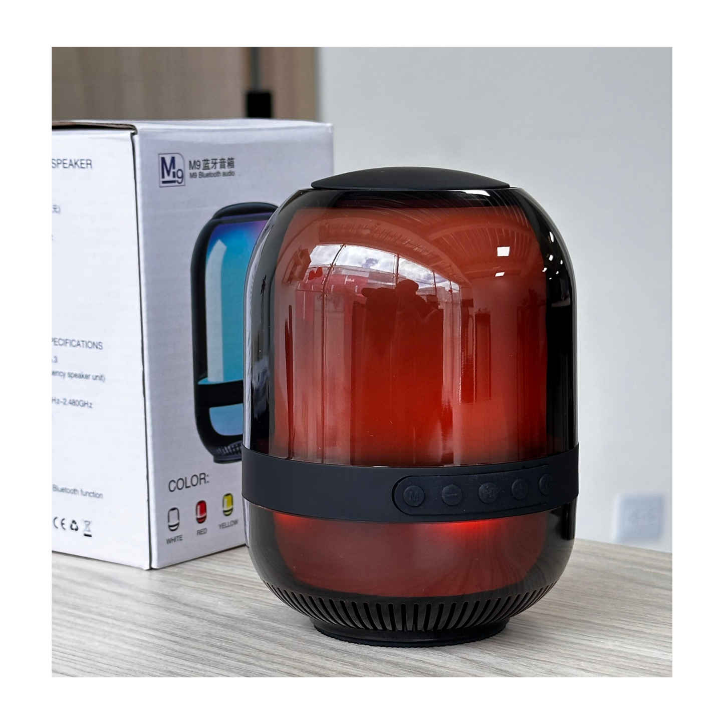 Parlante Bluetooth M9 con luz ambiental LED y diseño cilíndrico colores