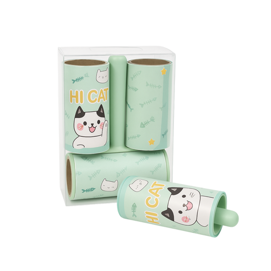 Rodillo adhesivo quitapelusas con diseño de gato verde – Set de recambio 3 piezas