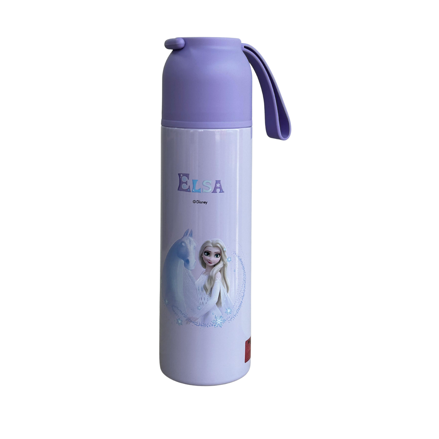 Termo infantil morado con diseño de Elsa Disney – tapa hermética y correa