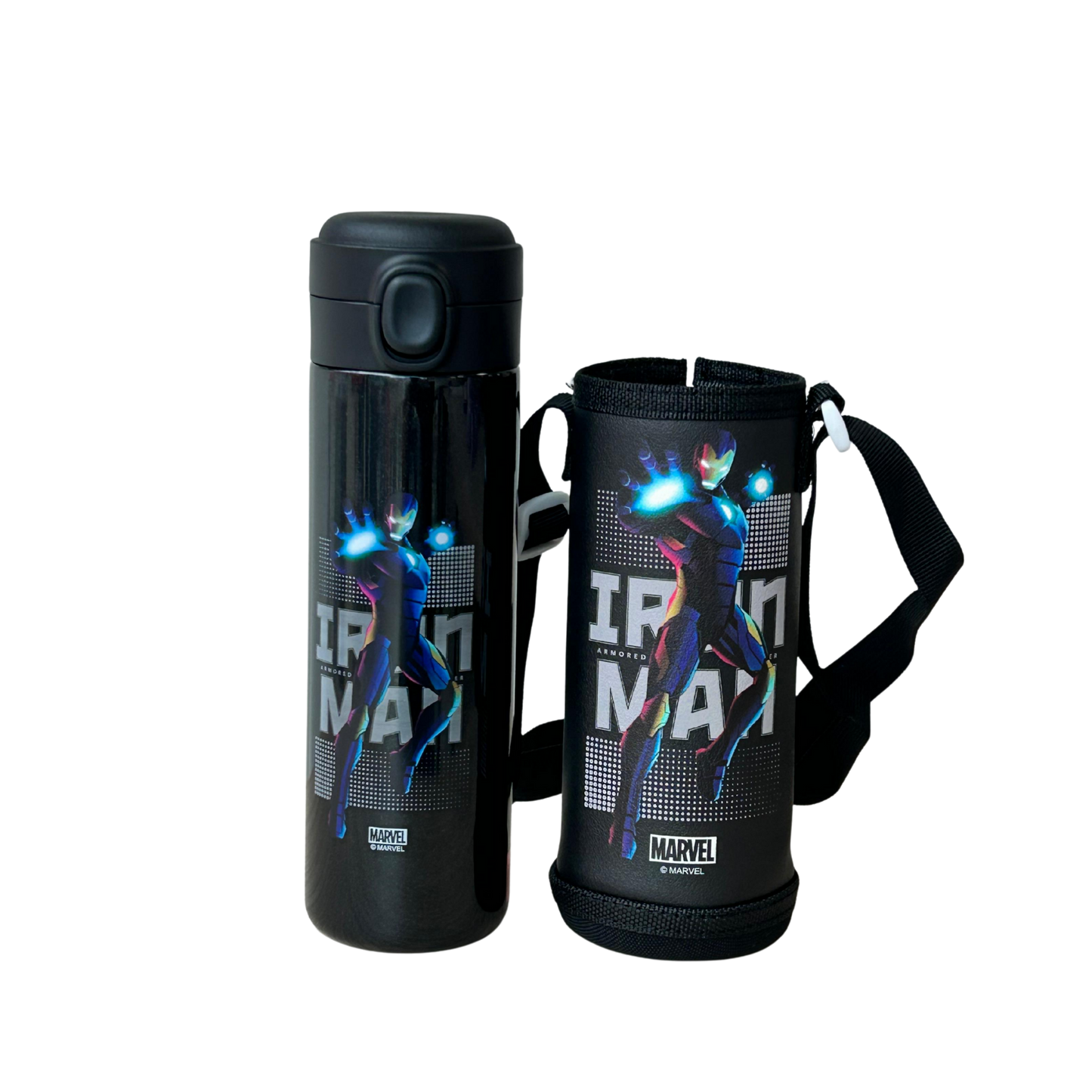 Termo portátil negro con funda y diseño de Iron Man - Marvel