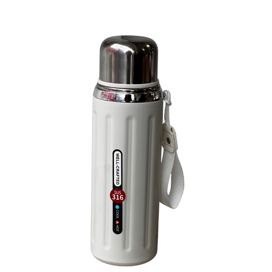 Termo blanco de acero inoxidable SUS 316 con tapa hermética y correa portátil